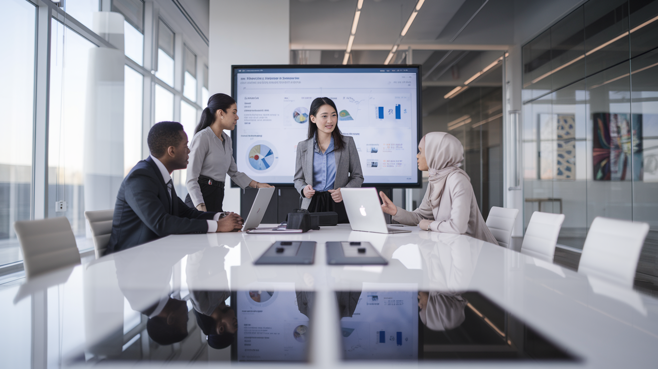 A professional businesswoman giving a presentation to a diverse team in a high-tech conference room, with data charts displayed on a large screen.