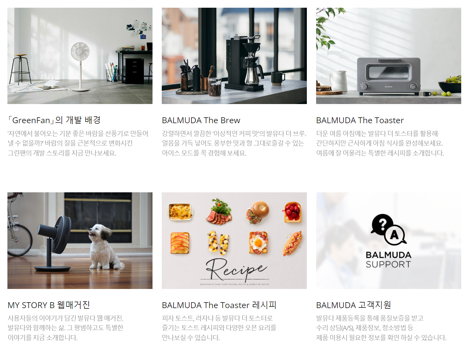 발뮤다 홈페이지 화면