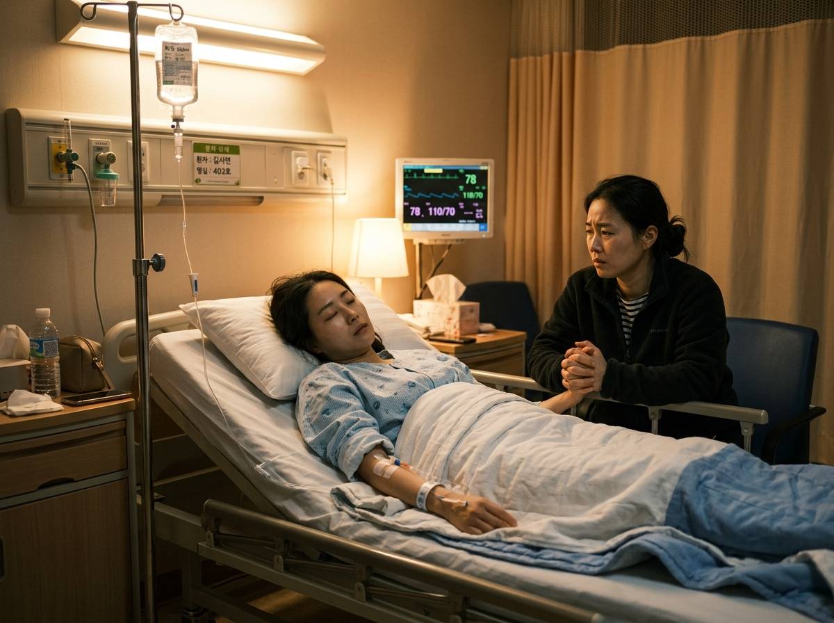 병원 침대에 누워 링거를 맞는 30대 여성, 옆에 보호자가 걱정스러운 표정으로 앉아있는 모습