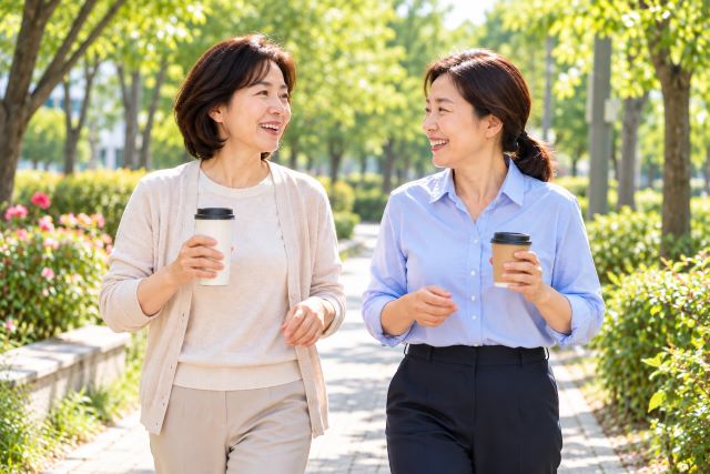 점심시간에 동료와 이야기를 나누며 햇볕 아래 산책하는 중년 여성들
