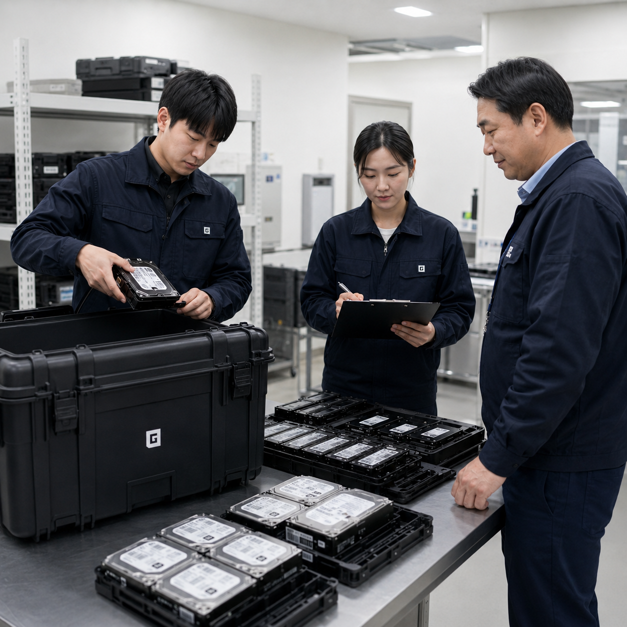 반출된 저장장치의 수량과 처리 상태를 확인하기 위해 HDD와 SSD 목록을 대조하는 모습