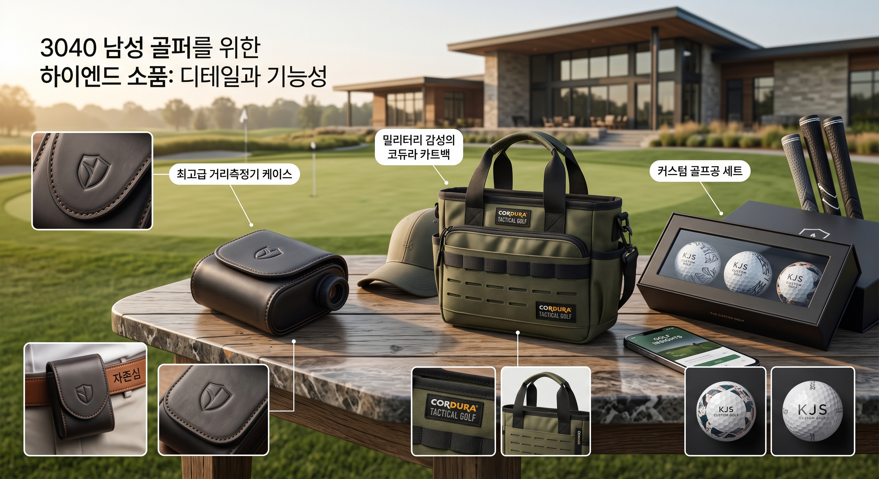 골프장에서 트렌디한 네이비 골프 폴로셔츠와 베이지 바지를 입은 30대 중반의 한국 남성 골퍼가 자신의 하이엔드 액세서리를 만족스러운 미소로 바라보고 있다. 허리벨트의 세련된 다크 올리브 가죽 거리측정기 케이스, 카트 좌석의 밀리터리 감성 블랙 코듀라 나일론 카트백, 그리고 위트 있는 한글 레터링("오늘도 일파만파")이 새겨진 커스텀 골프공 상자가 자연스럽게 배치되어 있다.
