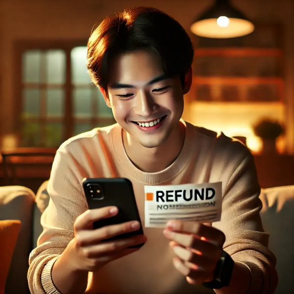 환급 알림을 받고 기뻐하는 동양인 청년의 따뜻한 일상 장면
