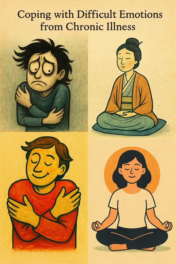 만성질환으로 인한 감정을 수용하고 스스로를 다독이는 모습을 다양한 그림체로 표현한 4컷 일러스트 (포옹, 명상 포함)