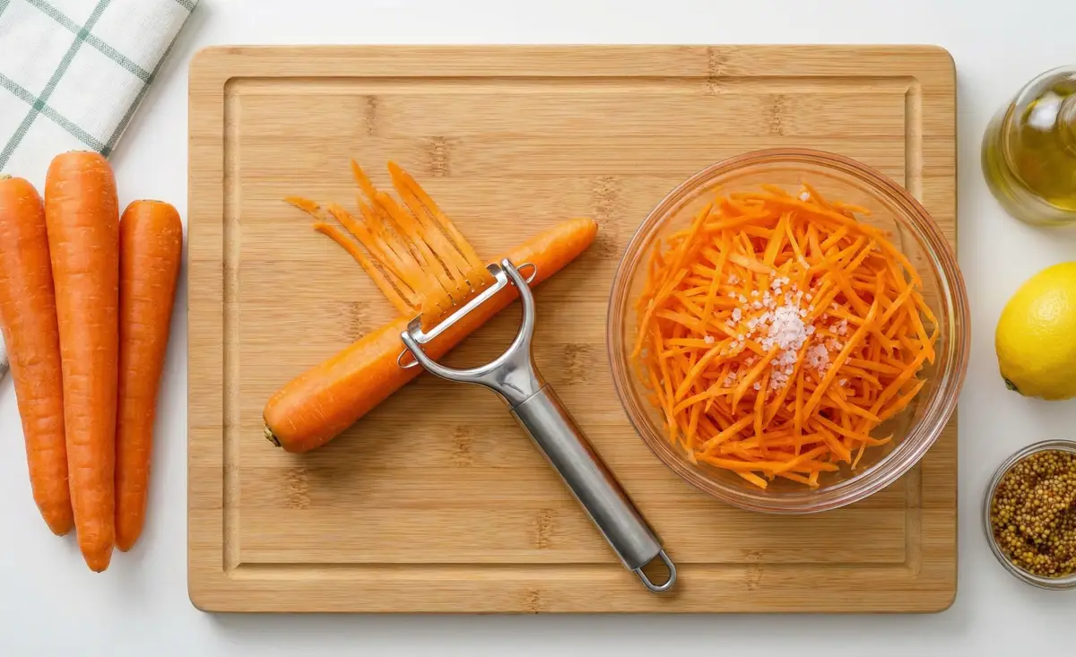 아삭한 식감을 위해 당근을 채 썰고 소금에 절이는 과정