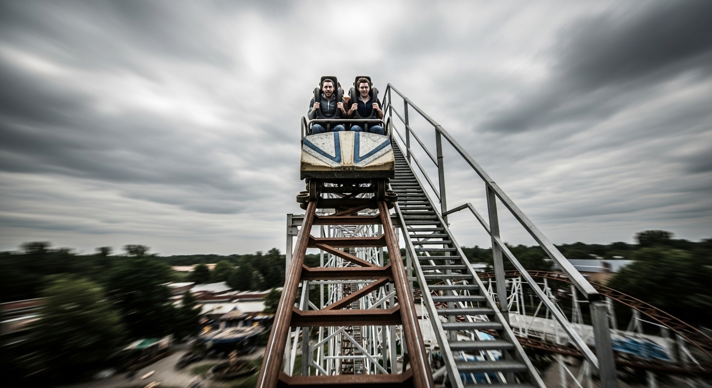 롤러코스터가 급경사를 올라 정점에서 멈춰 선 모습