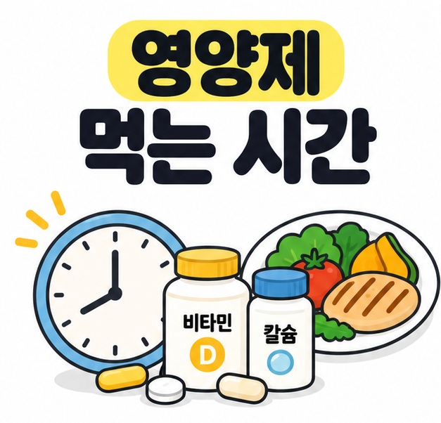 영양제 먹는 시간 제목과 시계, 영양제 병, 식사 접시를 보여주는 그림