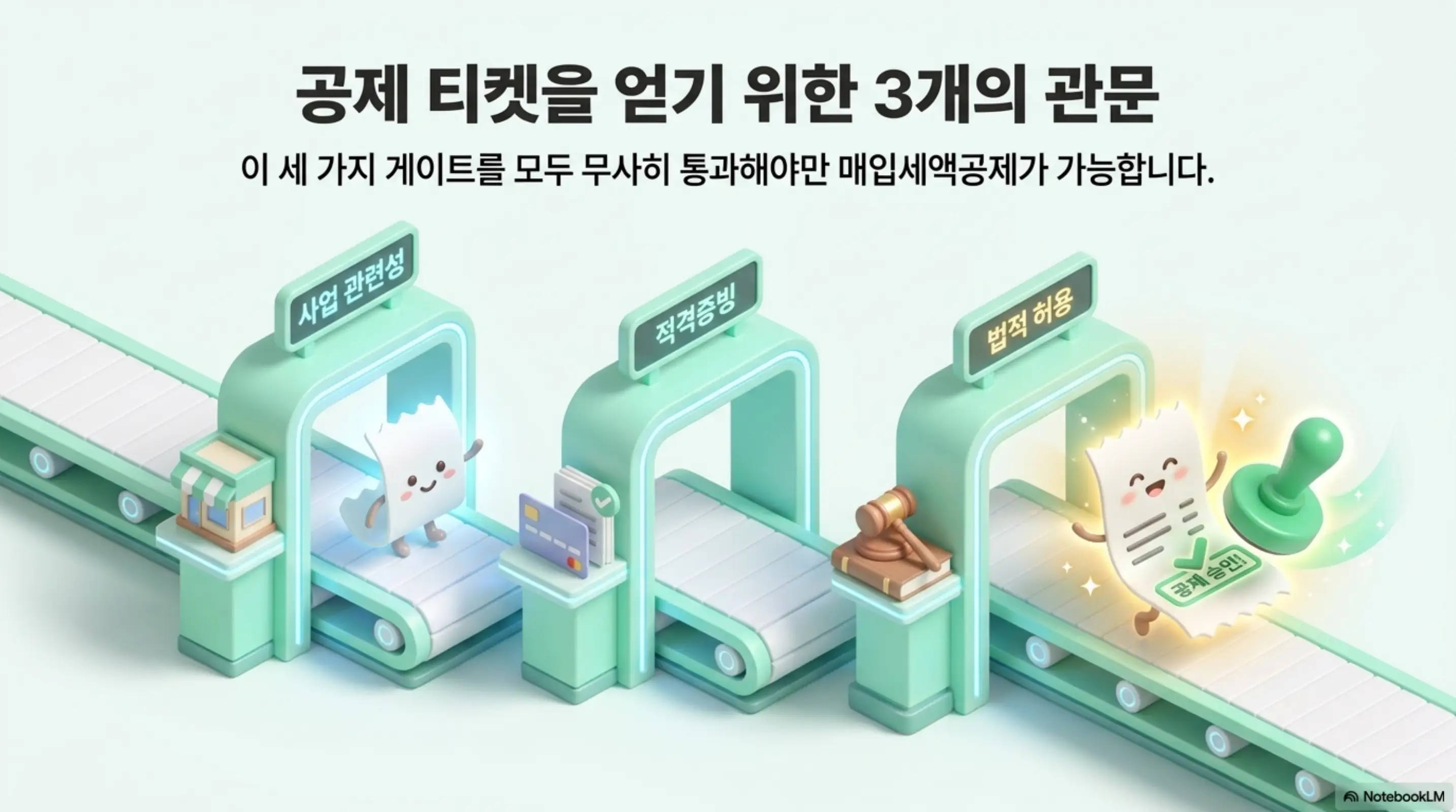 매입세액공제: 공제 티켓을 얻기 위한 3개의 관문이라는 문구가 포함된 이미지. 사업 관련성과 적격증빙과 법적 허용이라는 세 개의 게이트를 서류 캐릭터가 통과하는 장면을 통해 매입세액공제 판단 기준 3단계를 시각적으로 전달하며 블로그의 공제 조건 안내 내용을 설명함