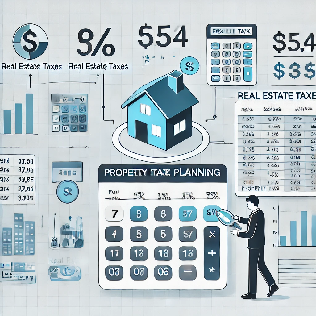 부동산 세금 계산 및 계획: 다양한 부동산 세금을 종합적으로 계산하는 모습.