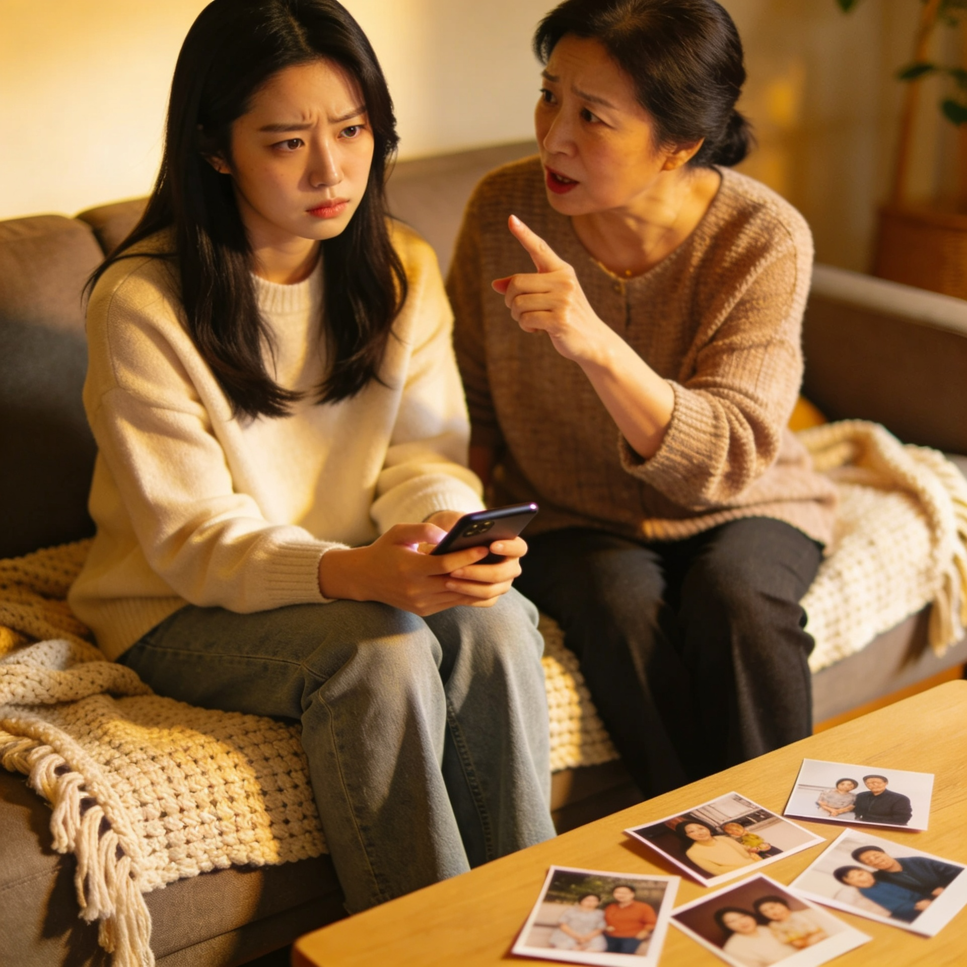 20대 후반 한국 여성이 집 소파에 앉아 스마트폰을 들고 고민하는 표정을 짓고 있다. 옆에는 엄마가 핸드폰을 가리키며 열심히 말하고 있다. 결혼 압박과 인연 고민을 표현한 장면.