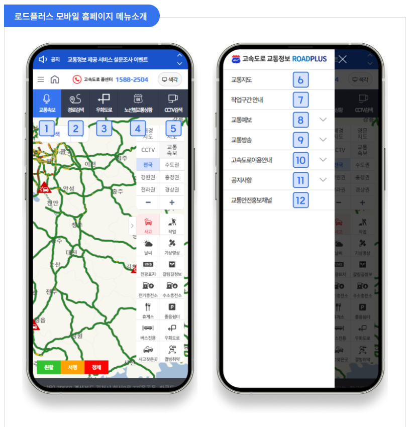 로드플러스 모바일 홈페이지에 대한 화면이다. 로드플러스에서는 교통속보, 경로검색, 우회도로, 노선별교통상황, CCTV검색을 할 수 있다.
