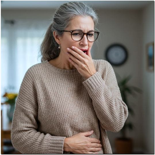 유니콘연질캡슐 효능 가스 제거 효과, 가스차서 트림을 자주하는 중년 여성 사진