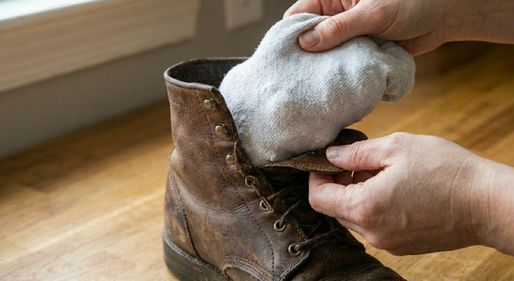 양말에 베이킹소다, 콘스타치등을 가득 넣고 신발안에 넣는 사진
