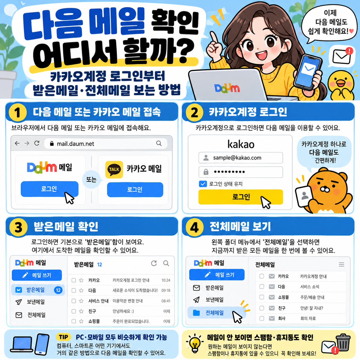 다음 메일 확인 어디서 할까? 카카오계정 로그인부터 받은메일&middot;전체메일 보는 방법