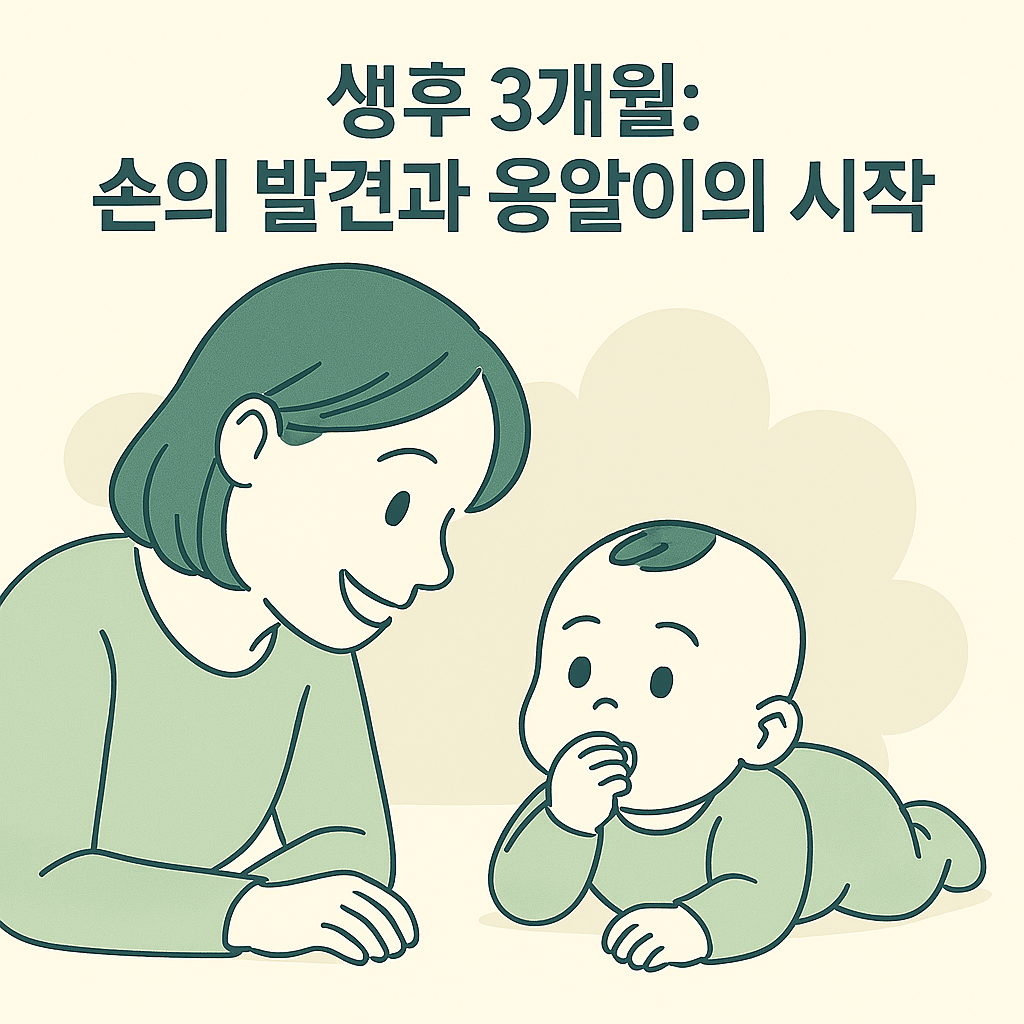 생후 3개월 아기가 손을 입에 가져가며 놀고 있는 모습과 엄마가 따뜻하게 바라보는 장면