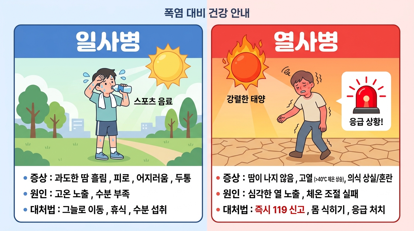 온열질환을 예방하는 3대 수칙(물 마시기, 휴식하기, 무더운 시간 피하기)을 안내하는 일러스트입니다.