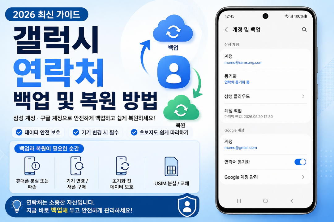 갤럭시 연락처 백업 및 복원 방법을 안내하는 화면