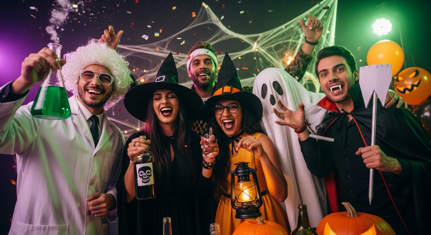 할로윈 파티를 즐기는 행복한 사람들의 모습 (창의적인 분장을 하고 있음)