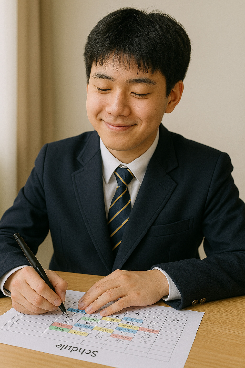 자기 주도 학습중인 남자 중학생이 웃으며 스케쥴을 정리하는 모습