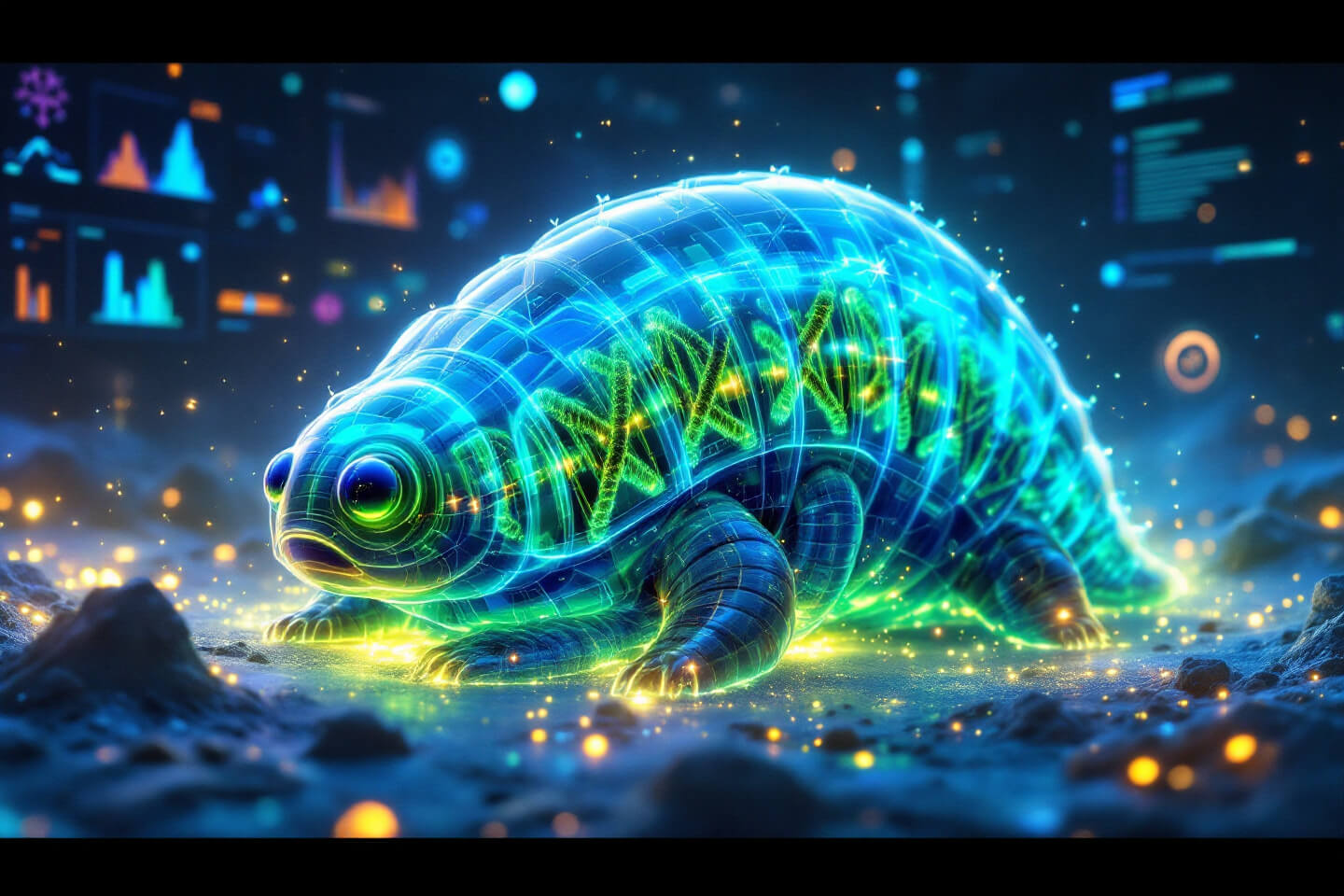 물곰의 디지털화된 이미지로, 투명한 몸체 안에 빛나는 DNA 구조가 표시되어 있다. 주변은 미래 지향적인 실험실 환경으로, 빛나는 홀로그램 데이터와 차트가 배경에 보인다. 물곰의 강인한 생존 능력과 DNA 복구 과정을 시각적으로 표현한 장면.