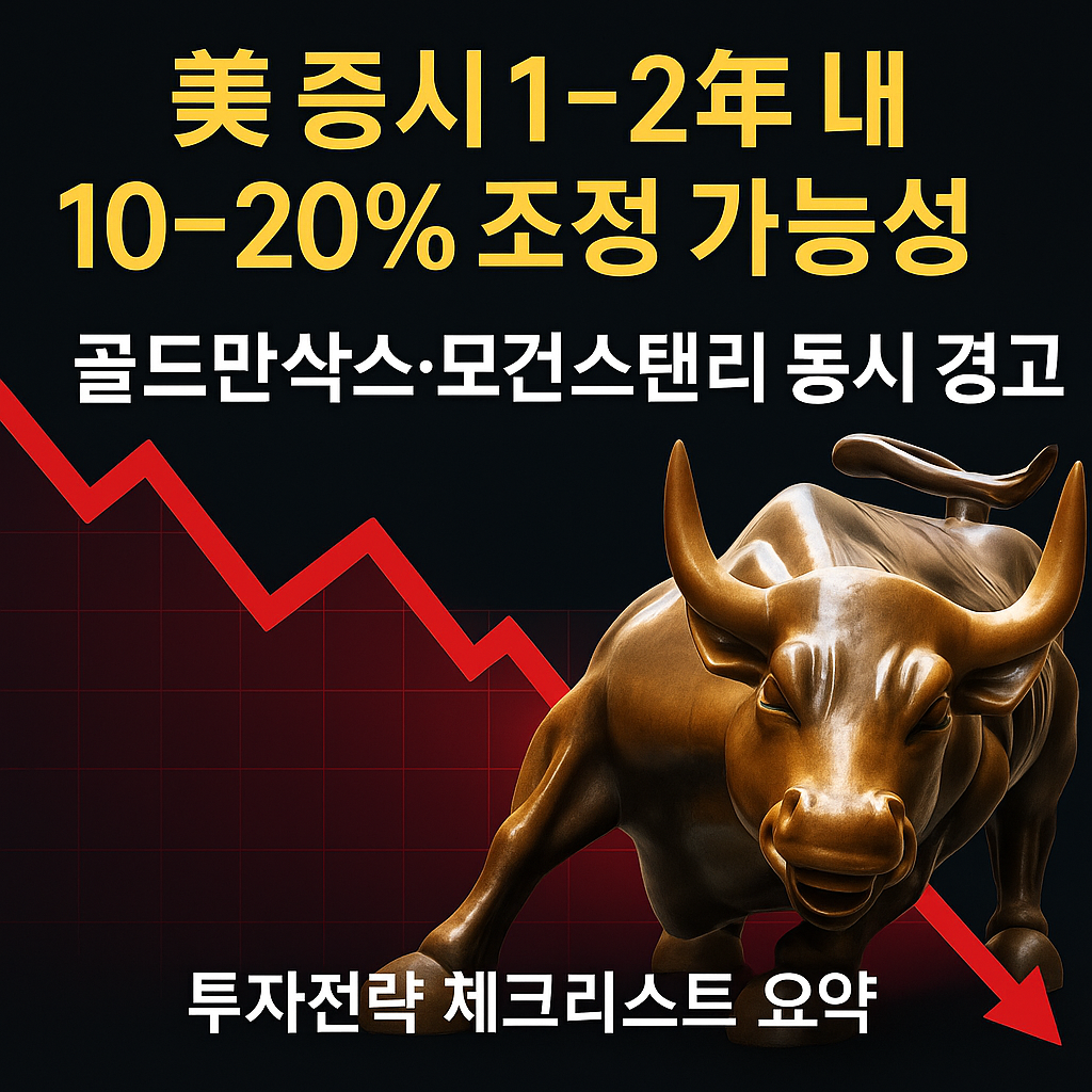 월가 황소 동상과 주가 하락 그래프를 배경으로 '美 증시 10~20% 조정 경고'라는 문구가 강조된 금융 뉴스 썸네일 이미지