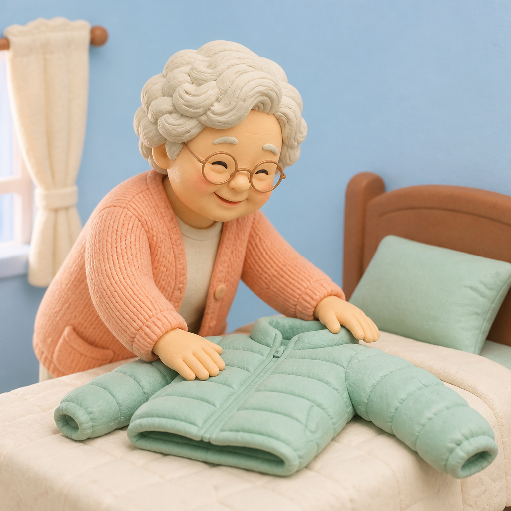 거의 마른 패딩을 손바닥으로 톡톡 두드리는 할머니
