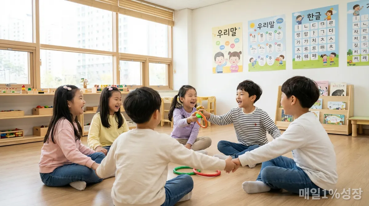 한국 아이들이 협력하며 즐겁게 놀고 있는 모습