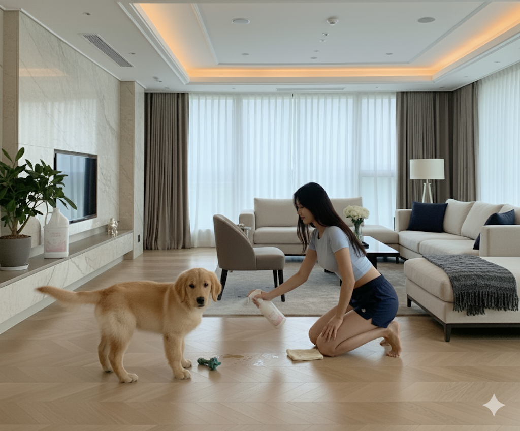 여성이 거실에서 골든 리트리버 강아지의 배변 실수를 sp500 스프레이 용기로 청소하는 모습. 반려동물 탈취제 용기로 적합