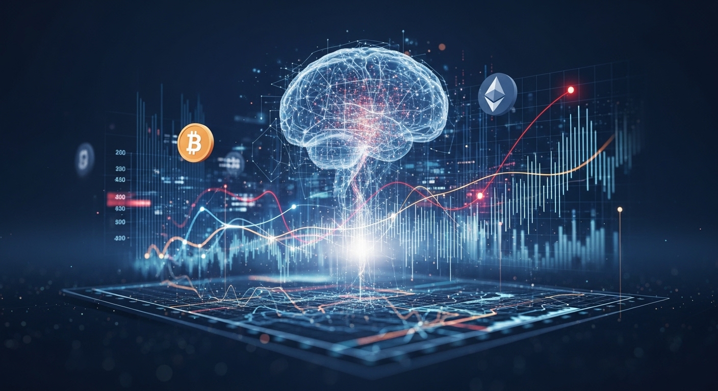 인공지능과 복잡한 금융 데이터가 홀로그램 형태로 시각화된 미래 금융 시장의 모습. 빛나는 그래프와 AI 네트워크 모티프가 기술 혁신과 성장을 상징합니다.