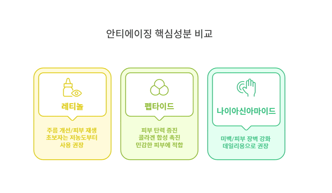 안티에이징 핵심 성분 비교 레티놀 펩타이드 나이아신아마이드
