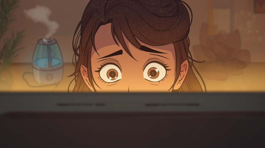 컴퓨터 사용 중 눈 건조증을 겪는 사람과 습도 조절 기기를 표현한 삽화