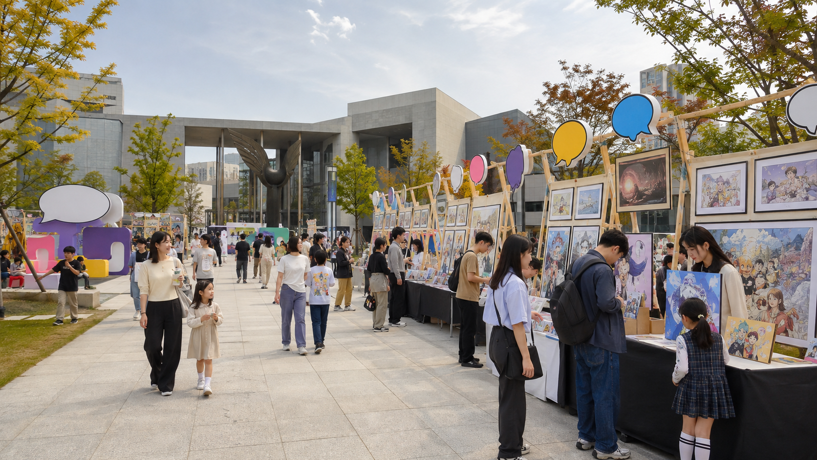 한국의 만화 문화축제를 즐기는 가족과 관람객