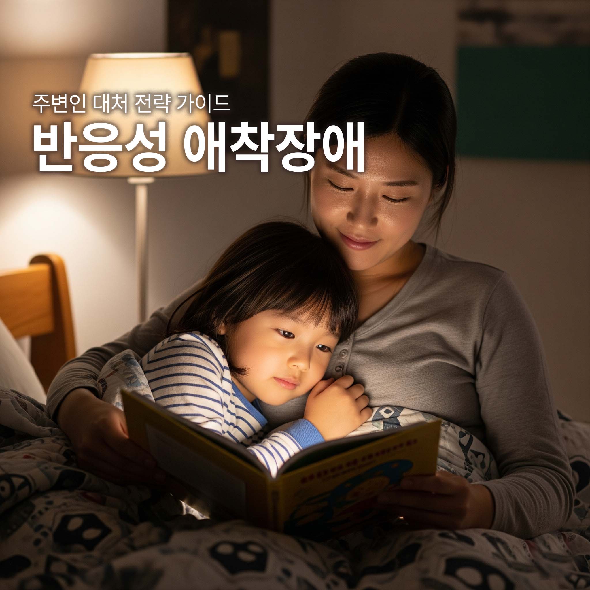 반응성 애착장애 아동과 부모가 매일 반복되는 따뜻한 루틴의 하나로 잠들기 전 책 읽어주기를 하고 있다