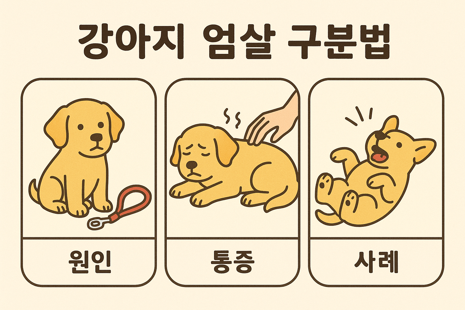 이 이미지는 &quot;강아지 엄살 구분법&quot;을 주제로 세 가지 항목인 원인, 통증, 사례를 시각적으로 표현한 인포그래픽입니다. 왼쪽부터 산책 리드줄 앞에서 시무룩한 강아지(원인), 등을 만지자 아파하는 표정의 강아지(통증), 그리고 바닥에 누워 과장된 반응을 보이는 강아지(사례)가 각각 등장하며, 강아지의 행동을 통해 단순한 엄살과 실제 통증을 구분하는 데 도움을 주는 구성입니다.