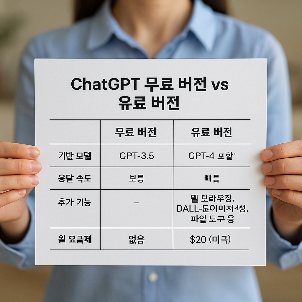 ChatGPT 무료 버전과 유료 버전의 차이점을 정리한 표를 들고 있는 여성의 모습. 표에는 GPT-3.5와 GPT-4 기반 모델&amp;#44; 응답 속도&amp;#44; 추가 기능&amp;#44; 월 요금 등의 비교 항목이 한글로 명확히 정리되어 있음.