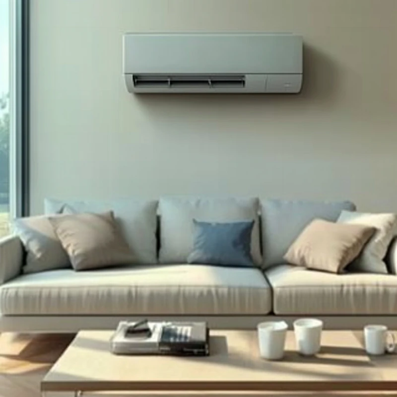 최신 LG 벽걸이 에어컨이 모던한 거실 분위기에 조화롭게 어우러지고 있다. 에너지 효율성을 극대화한 디자인이 편안함과 실용성을 제공한다.