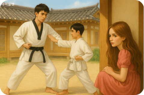 연오가 장우에게 태권도를 가르치는데 비키가 몰래 숨어 지켜보는 모습