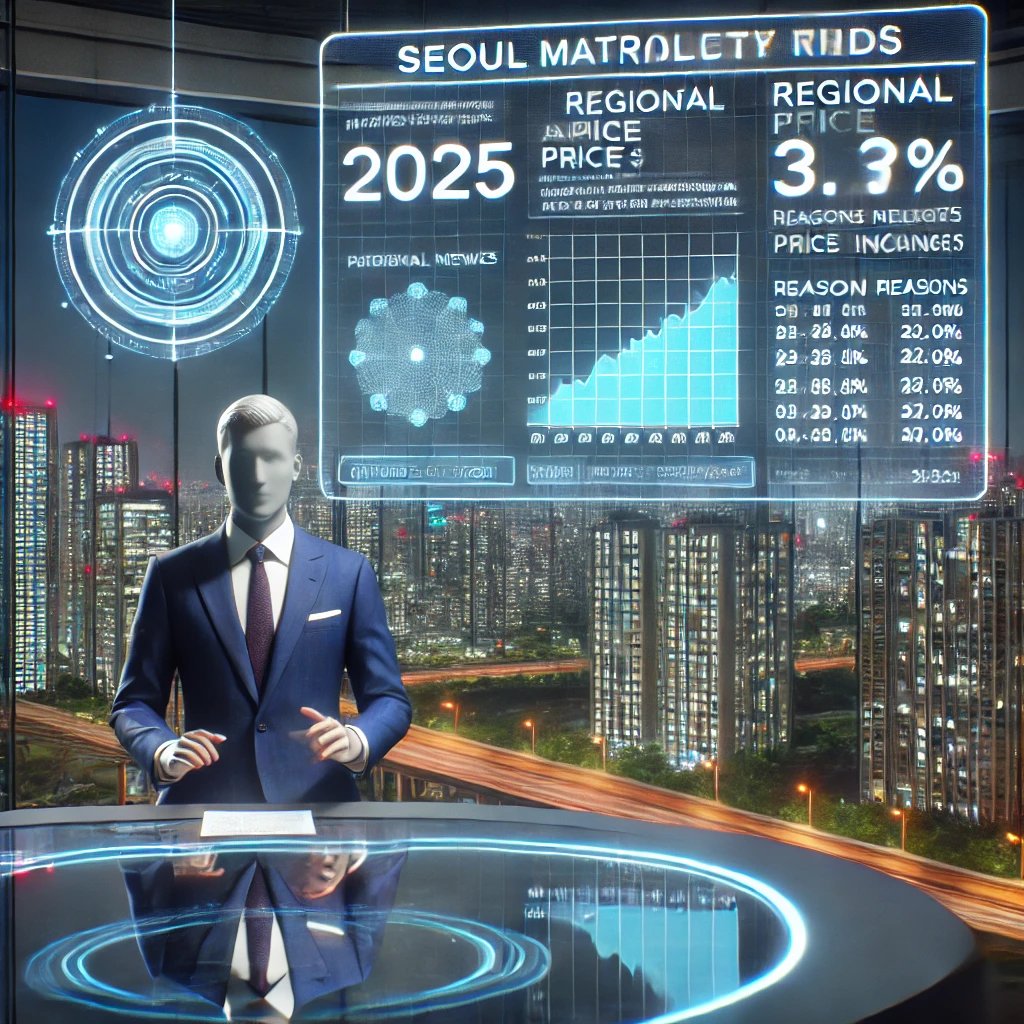 뉴스 스튜디오에서 앵커가 수도권 아파트 가격 변동을 홀로그램 그래프를 통해 설명하는 장면