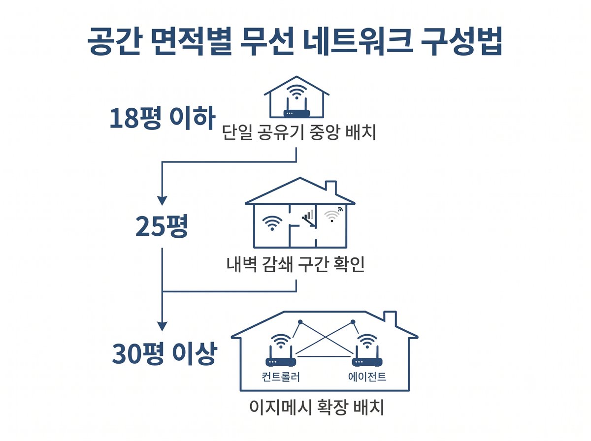 공간 면적별 무선 네트워크 구성법: 18평 이하 단일 공유기 중앙 배치 - 25평 내벽 감쇄 구간 확인 - 30평 이상 이지메시 컨트롤러와 에이