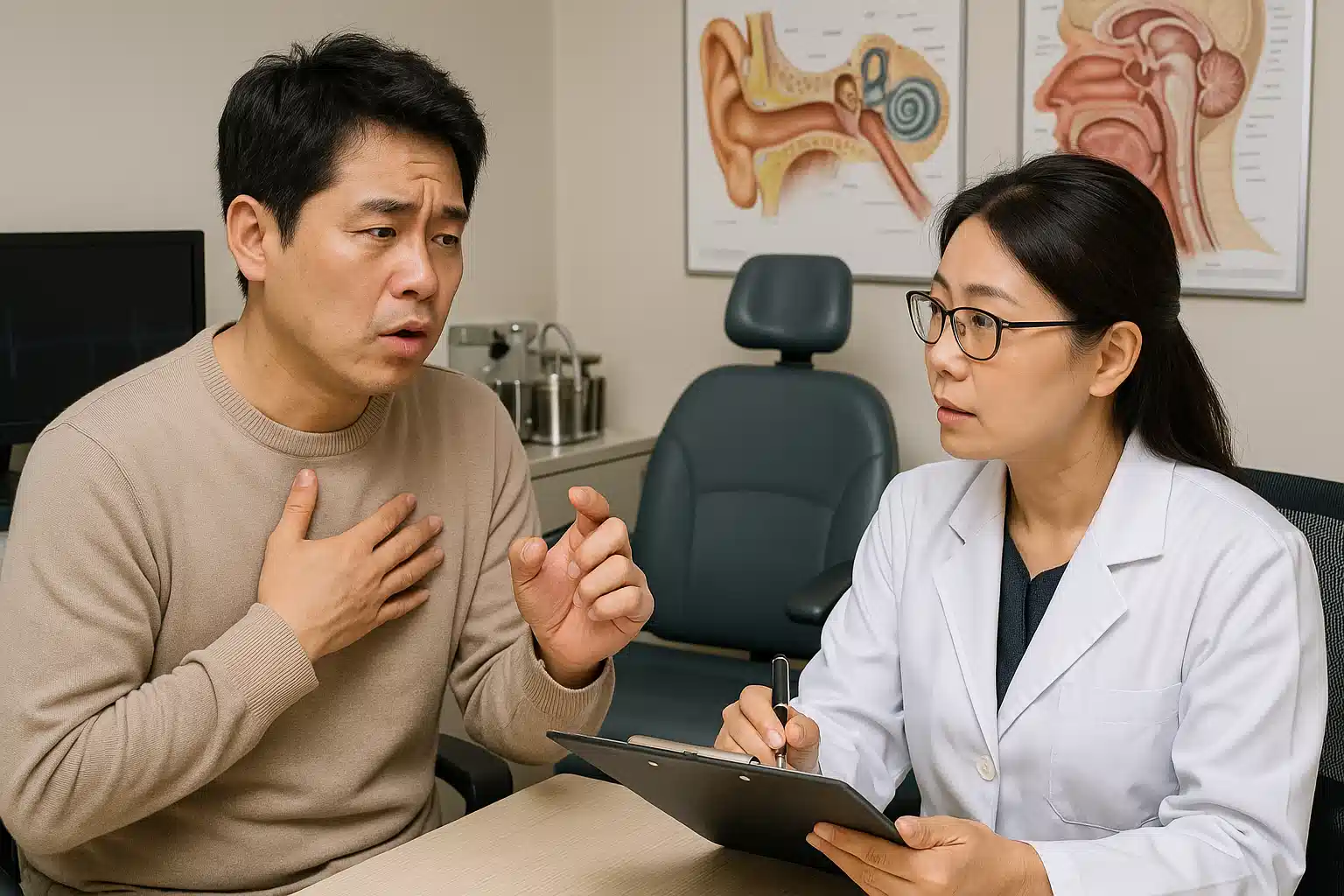 이비인후과 진료실에서 환자가 의사에게 가래 증상을 설명하는 장면