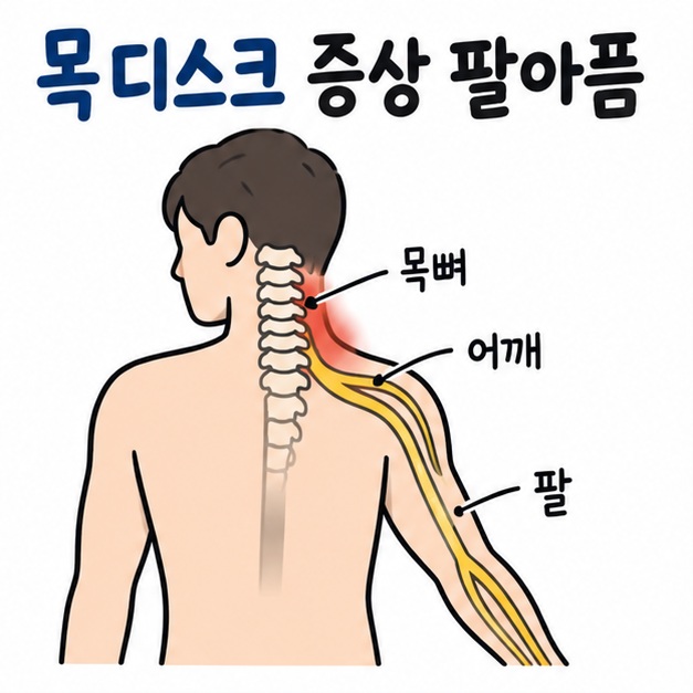 목과 어깨에서 팔로 이어지는 신경 그림 옆에 목디스크 증상 팔아픔이라는 제목이 크게 적힌 대표 썸네일