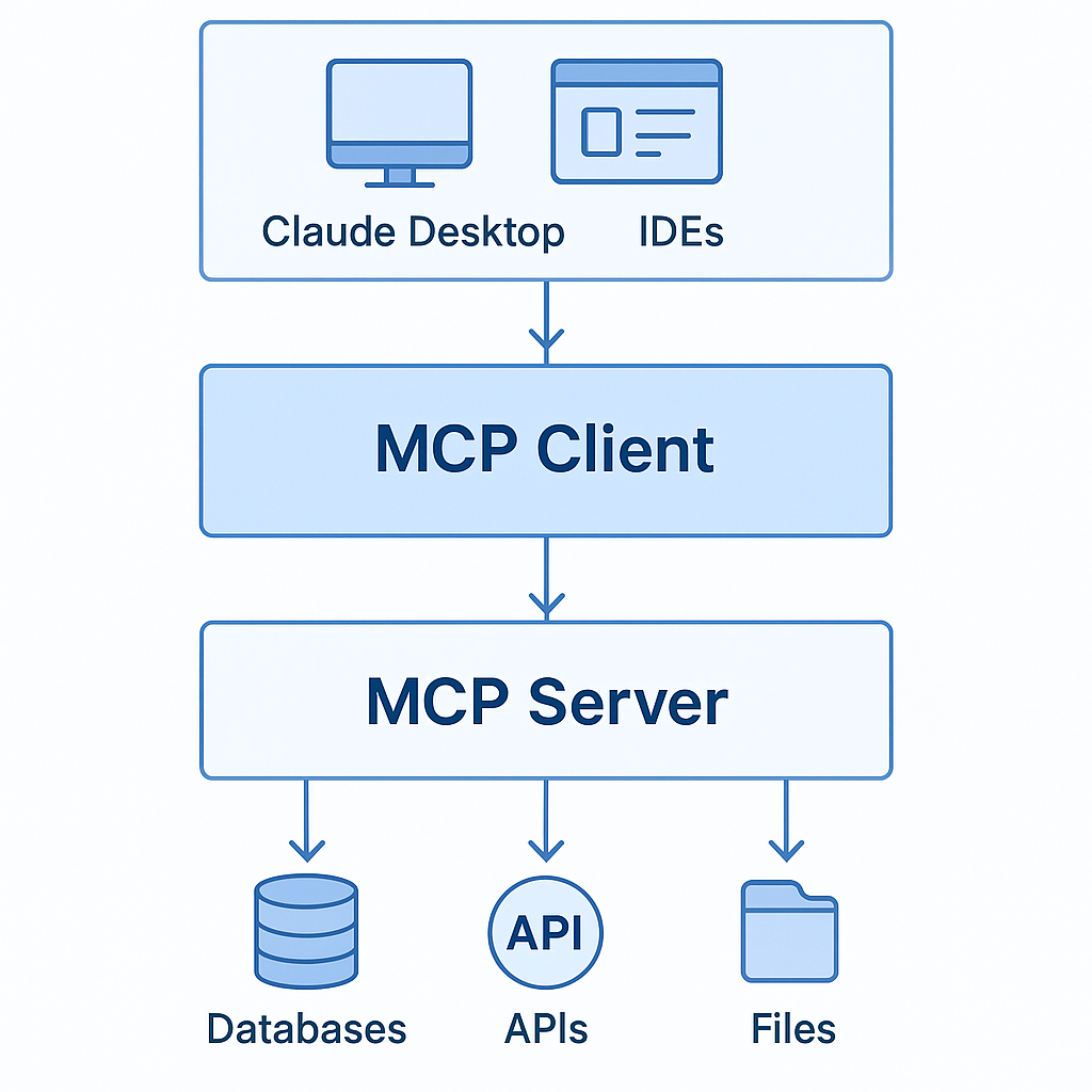 MCP AI 아키텍처 다이어그램 - Host, Client, Server 계층 구조와 데이터 연결 흐름을 보여주는 기술 문서