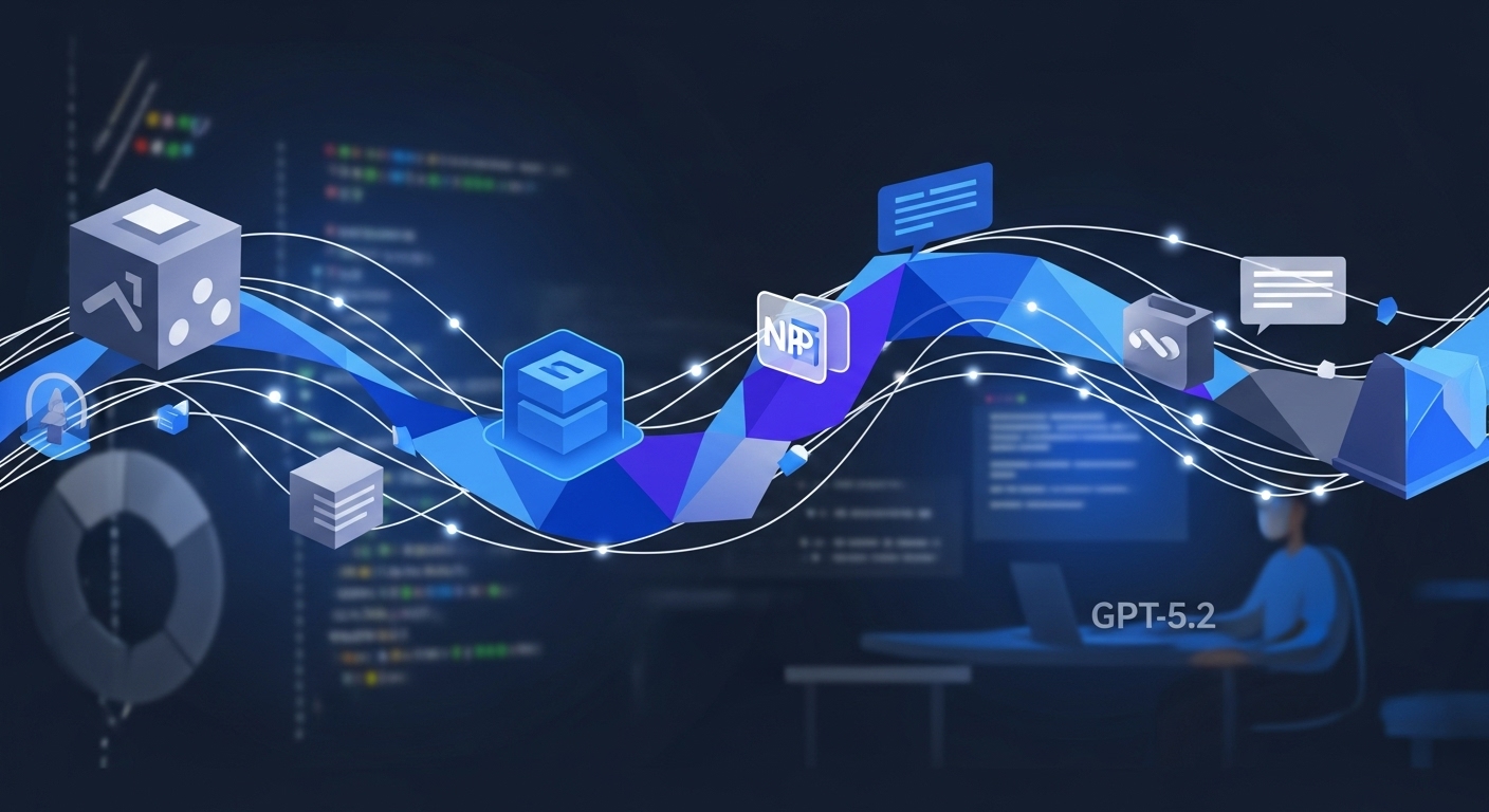 GPT-5.2의 효율적인 API와 개발자 통합을 상징하는 추상적인 디지털 이미지. 매끄럽게 연결된 기하학적 형태와 데이터 흐름이 AI 서비스 구축의 용이성과 속도를 표현합니다.