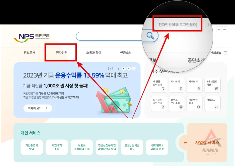 국민연금 홈페이지에서 전자민원서비스 찾는법