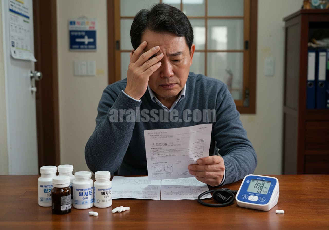 중년 남성이 고혈압 약과 청구서를 앞에 두고 치료비 부담에 고민하는 장면