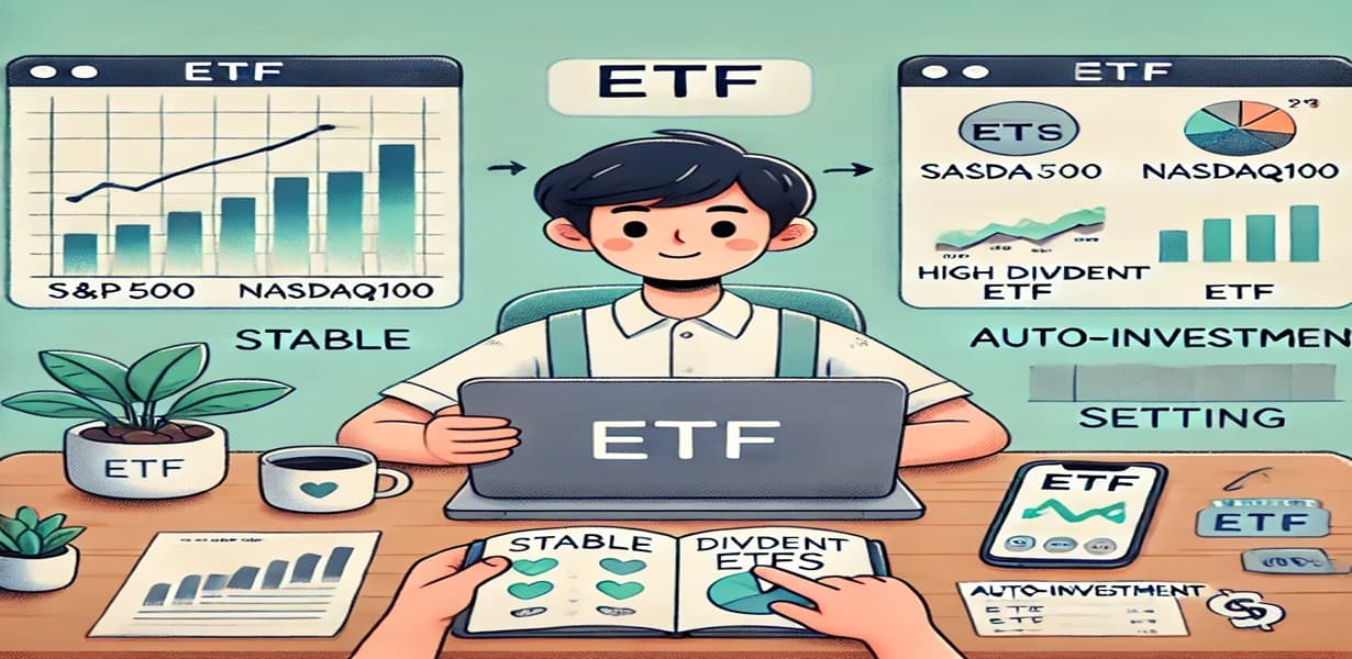 ETF를 처음 시작하는 초보자가 추천 ETF 조합을 비교하고 자동 매수를 설정하는 모습
