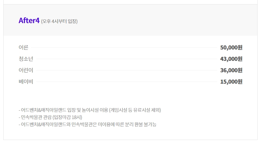 롯데월드 After4 야간권 가격표