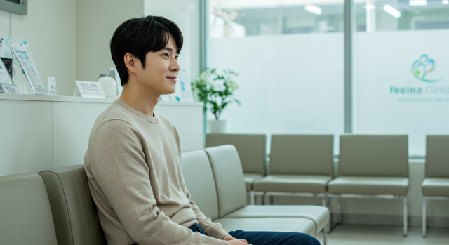 병원 대기실에서 차분히 앉아 있는 한국인 남성