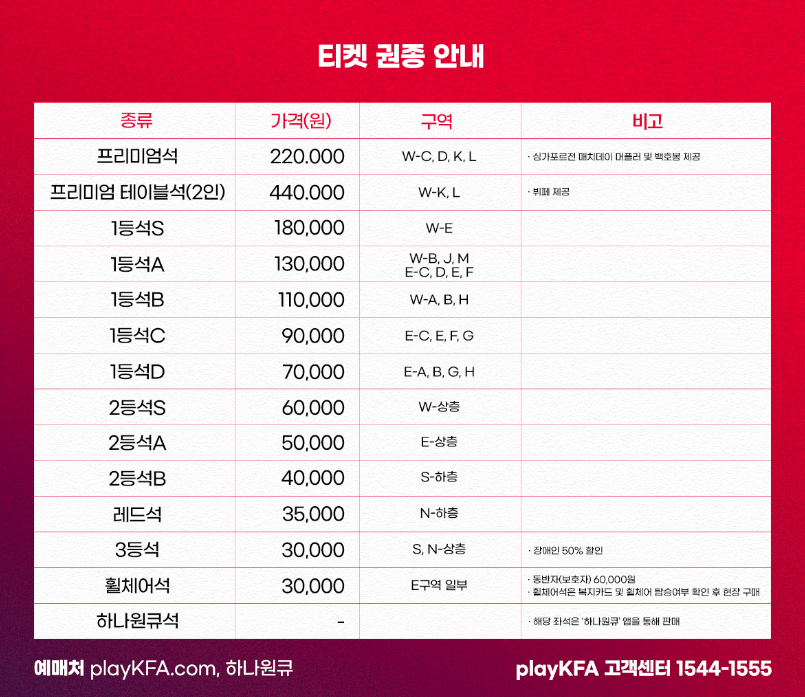 한국 싱가포르 축구 티켓 가격 및 배치도