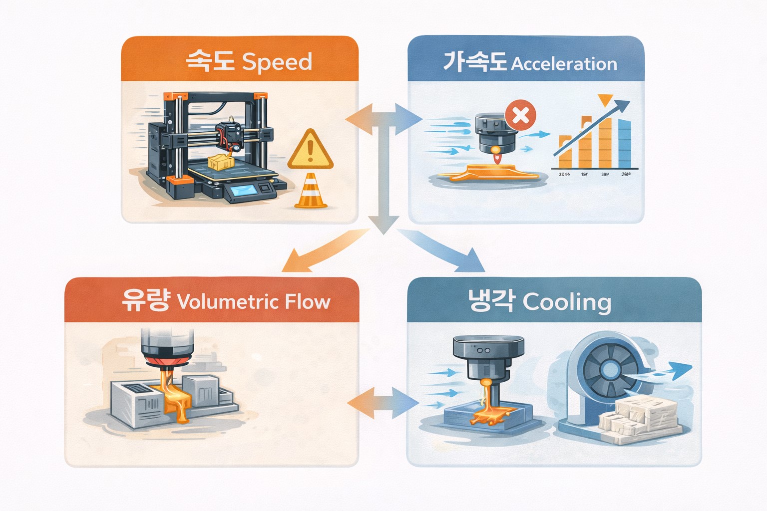 3D 프린터 출력 속도 최적화에서 속도 가속도 유량 냉각의 우선순위를 비교한 다이어그램